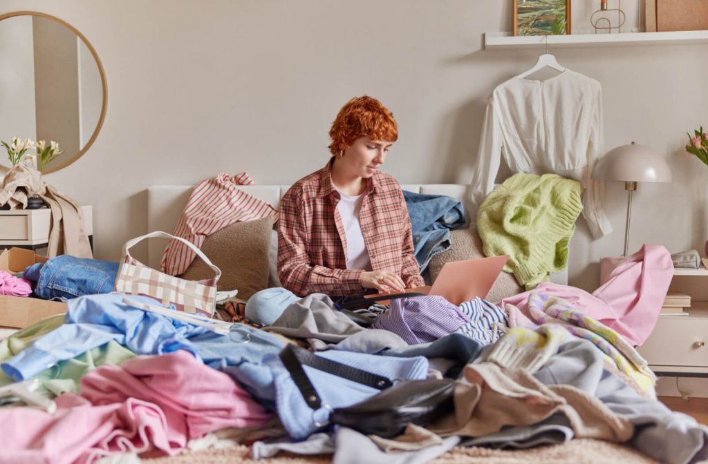 A woman using her laptop to shop for clothes on top of a heap of clothing.