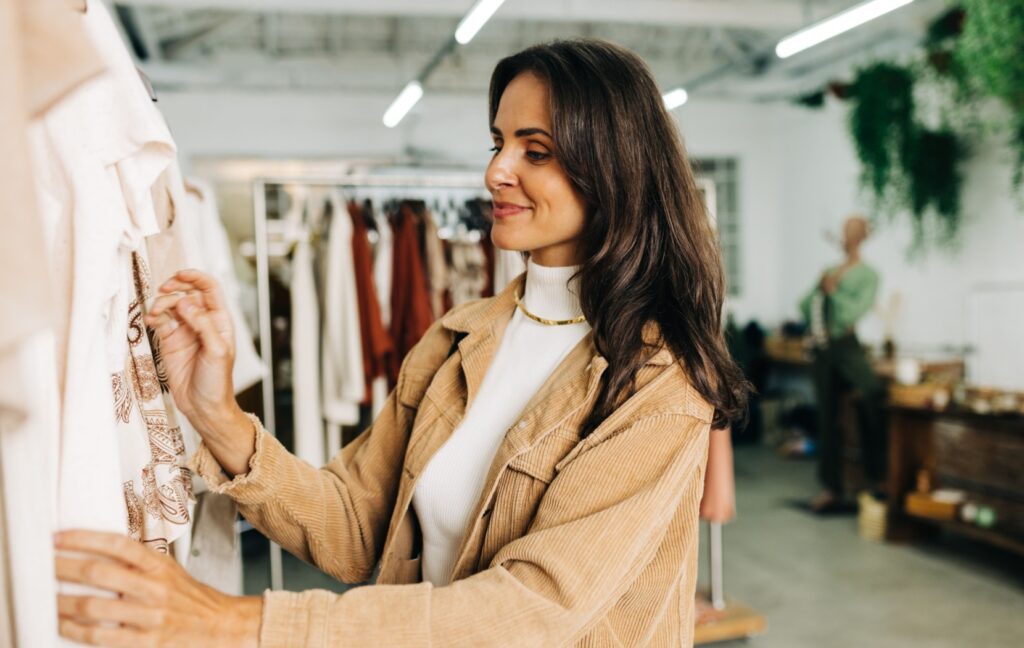 A fashionable young person browses the racks at a consignment shop for some trendy second-hand clothing.