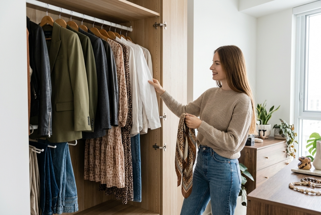 Adult smiling while browsing an open wooden wardrobe filled with hanging jackets, dresses, and shirts in a tidy bedroom.
