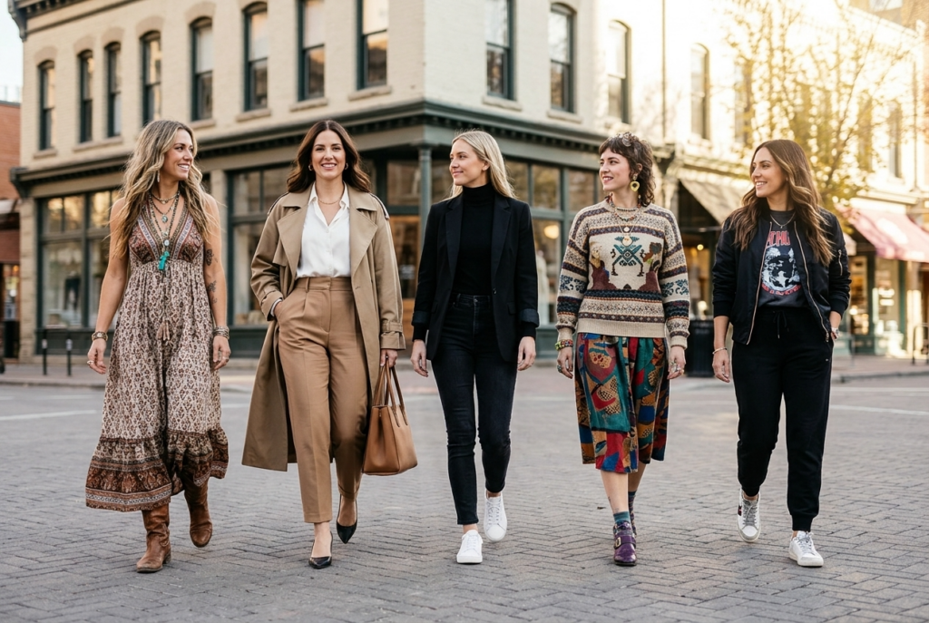Five stylishly dressed adults walking together on a brick urban street, wearing diverse outfits from bohemian to smart casual.
