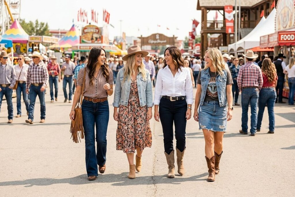 Four smiling adults walking together at the Calgary Stampede, with food stalls, crowd, and colourful tents in the background.