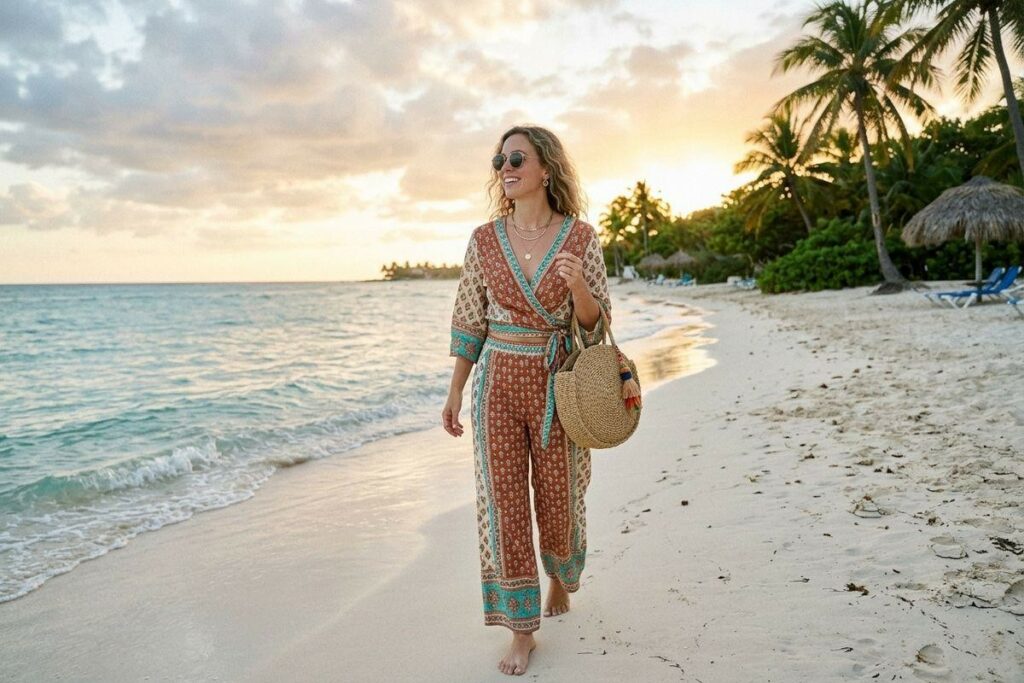 An adult smiling and walking barefoot along a sandy beach at sunset, wearing a patterned outfit and sunglasses, carrying a round woven bag.